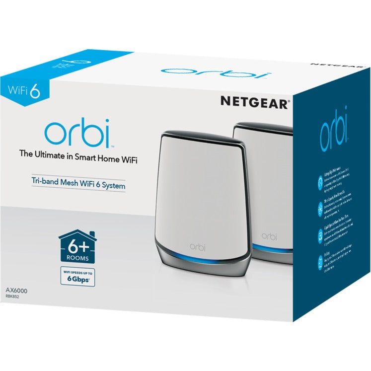 Netgear orbi wifi 6-systeem (rbk852) ax6000 mesh router (wit zilver, 1x router (rbr850), 1x satelliet (rbs850), dekking tot 350 m²)