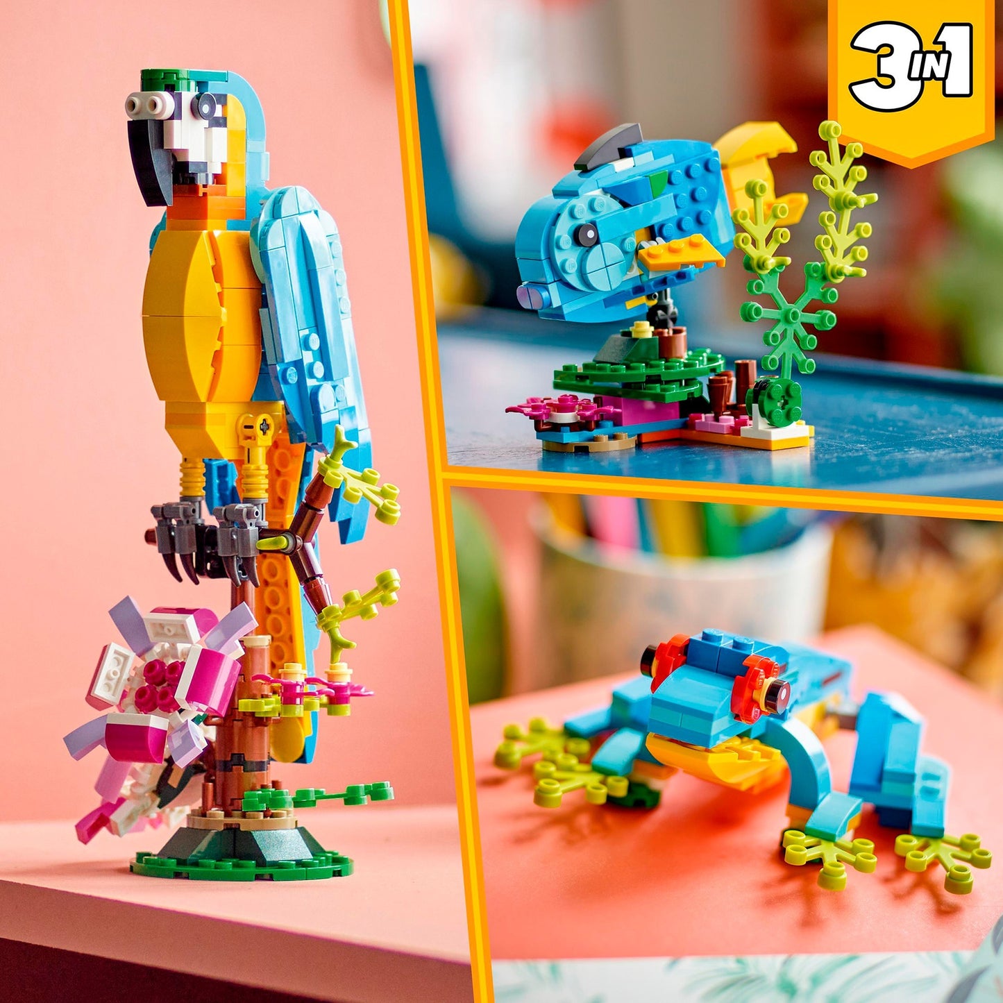 Lego creator 3in1 exotische papegaai - kikker - vis dieren speelgoed set voor kinderen - 31136
