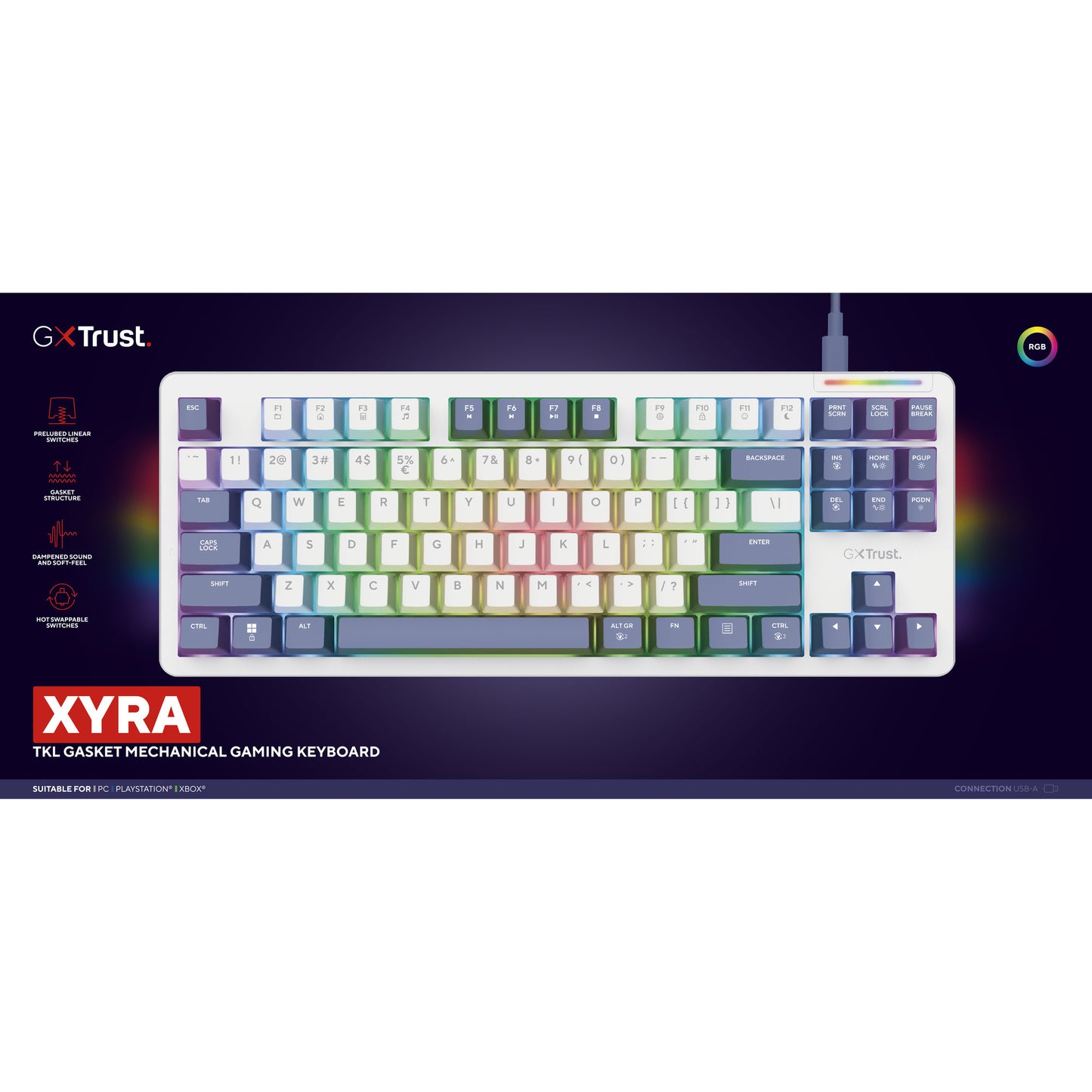 Trust gxt 872 xyra mechanisch tkl-gamingtoetsenbord (wit, us lay-out (qwerty), leobog seiya, 80% (tkl), rgb, hot swap)