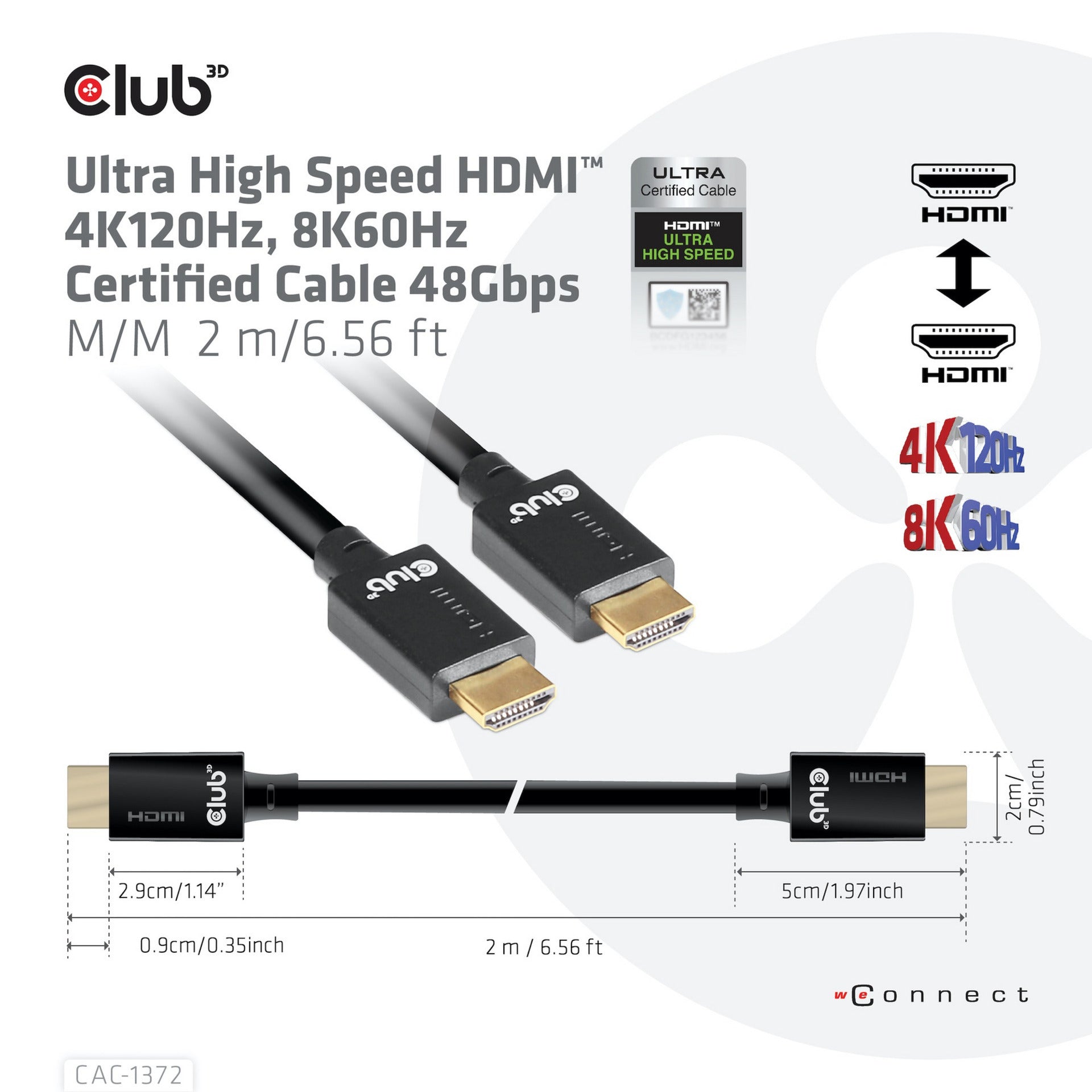 Club 3d gecertificeerde ultra high speed hdmi 2.1 kabel (zwart, 2 meter, 8k)