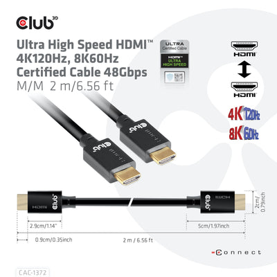 Club 3d gecertificeerde ultra high speed hdmi 2.1 kabel (zwart, 2 meter, 8k)