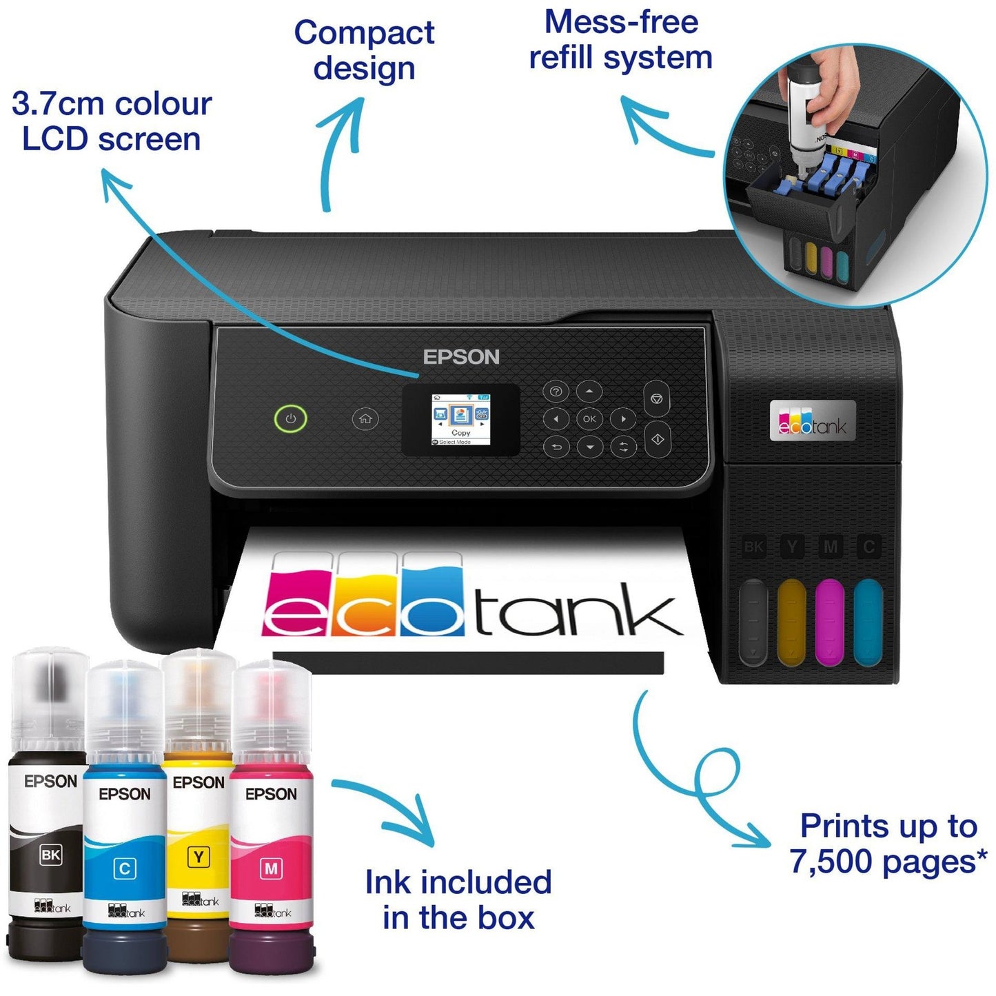Epson ecotank et-2871 a4 multifunctionele wi-fi-printer met inkttank all-in-one inkjetprinter (zwart, scannen, kopiëren, wi-fi, inclusief tot 3 jaar inkt)