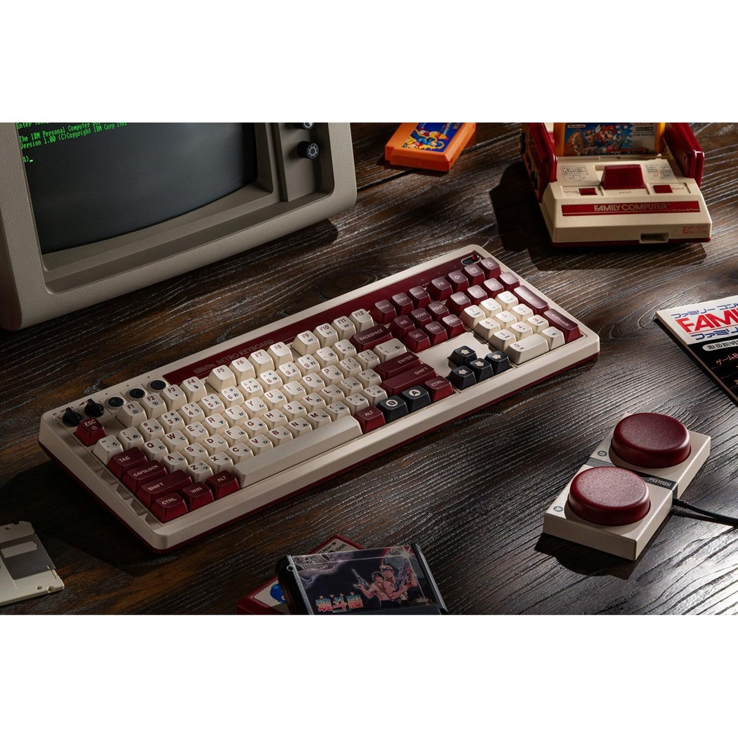 8bitdo retro mechanical keyboard fami edition, gaming toetsenbord (beige rood, us lay-out, kailh box white, bluetooth low energy, wireless 2.4g, usb)