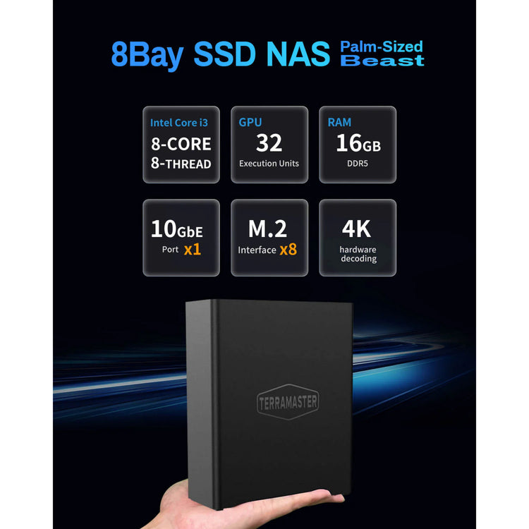 Terramaster f8 ssd plus nas (zwart, 1x 10gbe, hdmi, usb)