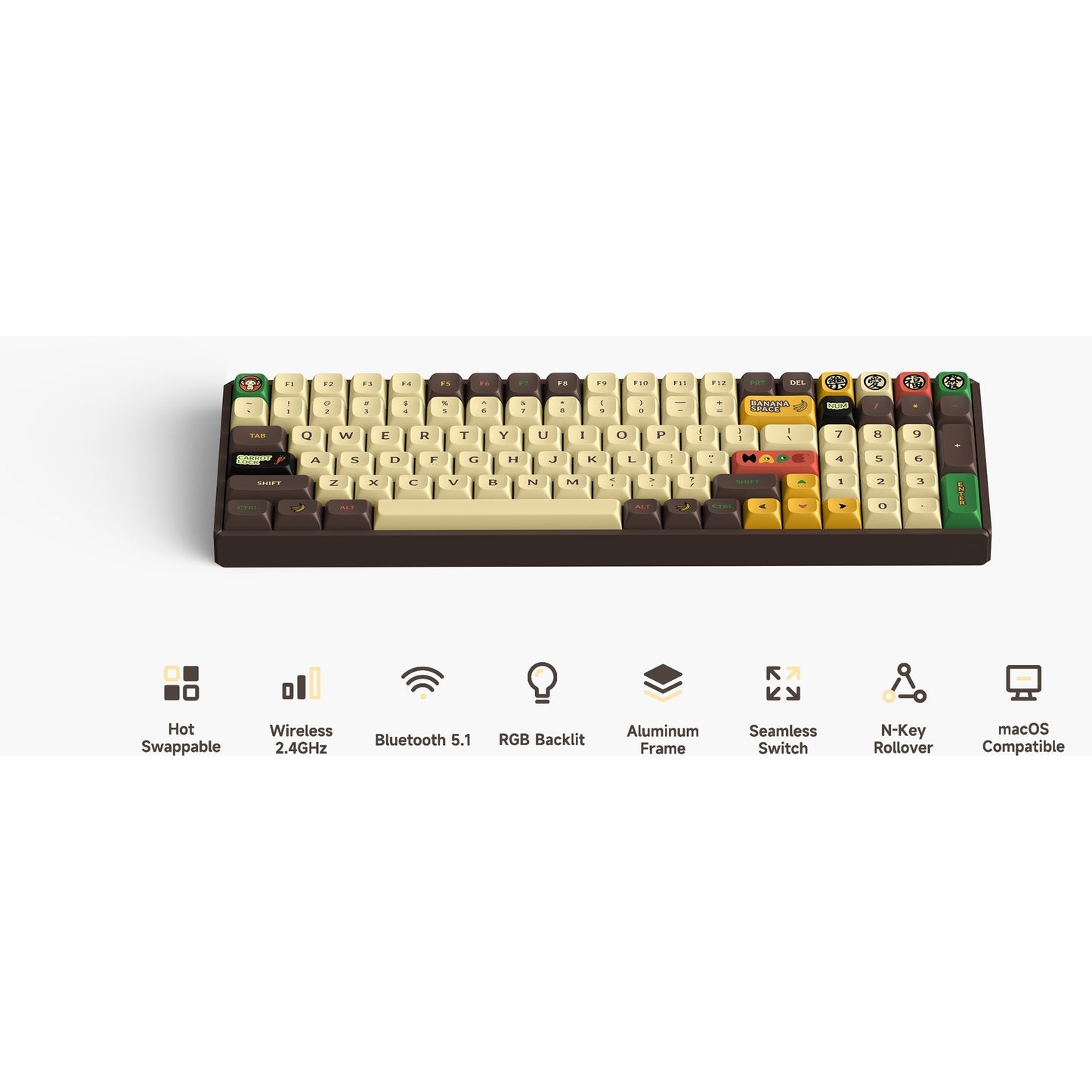 Iqunix f97 happy ape wireless mechanical keyboard (bruin, us lay-out (qwerty), ttc holy panda, 96%, rgb leds, hot-swappable, pbt, 2.4ghz | bluetooth 5.1 | usb-c)