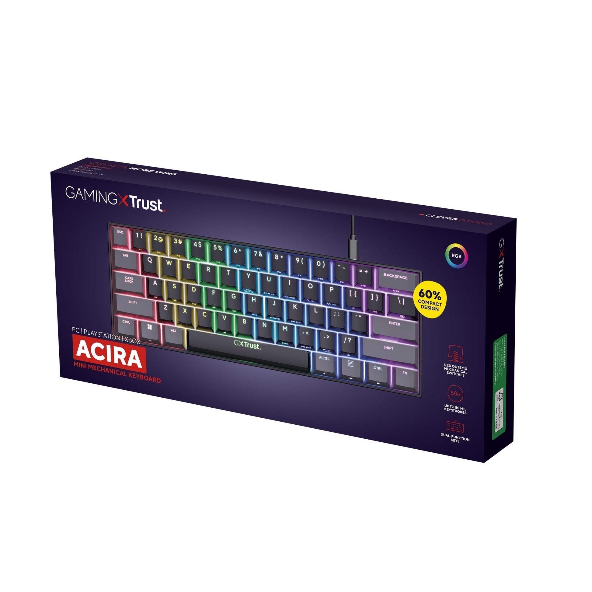 Trust gxt 867 acira 60% mini mechanisch gaming toetsenbord (zwart, us lay-out (qwerty), outemu red, 60%, rgb)