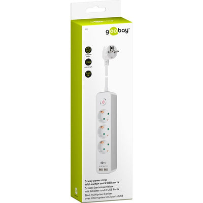 Goobay 3-weg stekkerdoos met schakelaar en usb stekkerdoos (wit, kabel 1.5 meter, 2x usb-a)
