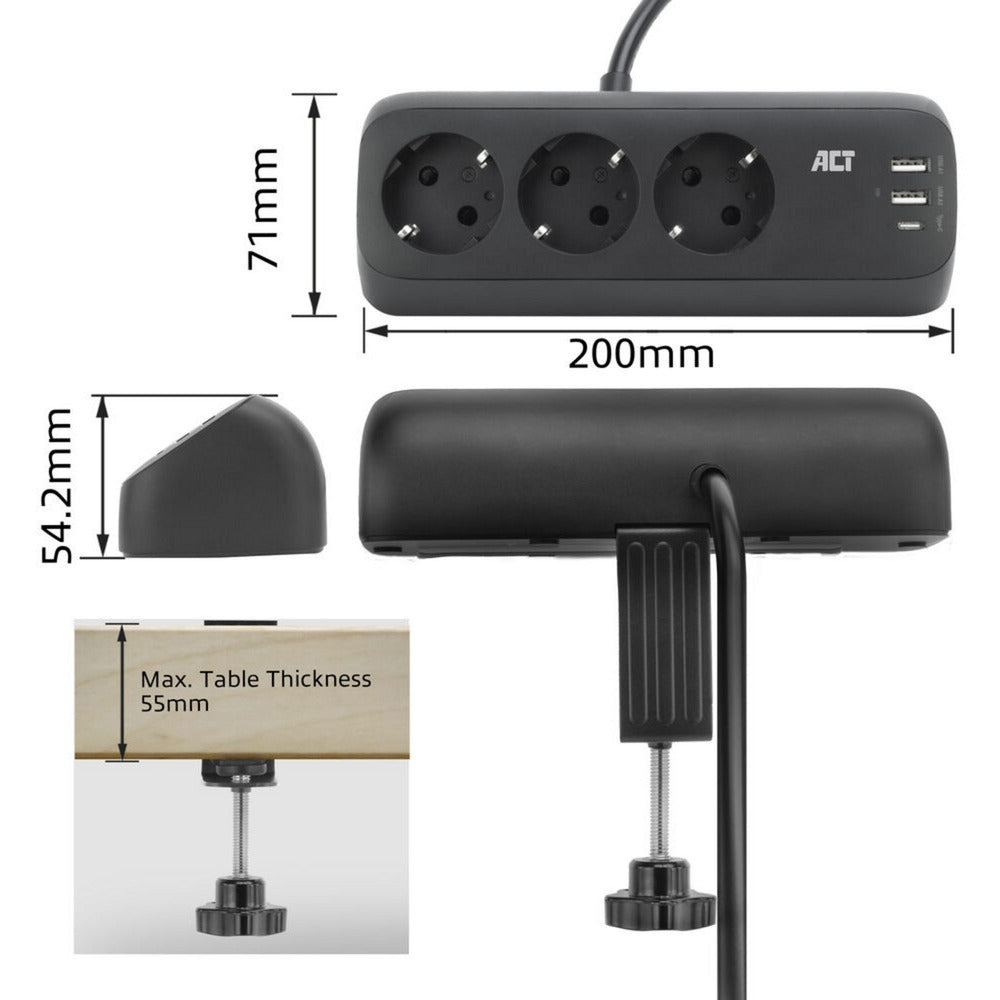 Act connectivity stekkerdoos met 3 type-f stopcontacten stekkerdoos (zwart, 30w power delivery, usb type-c a poorten)