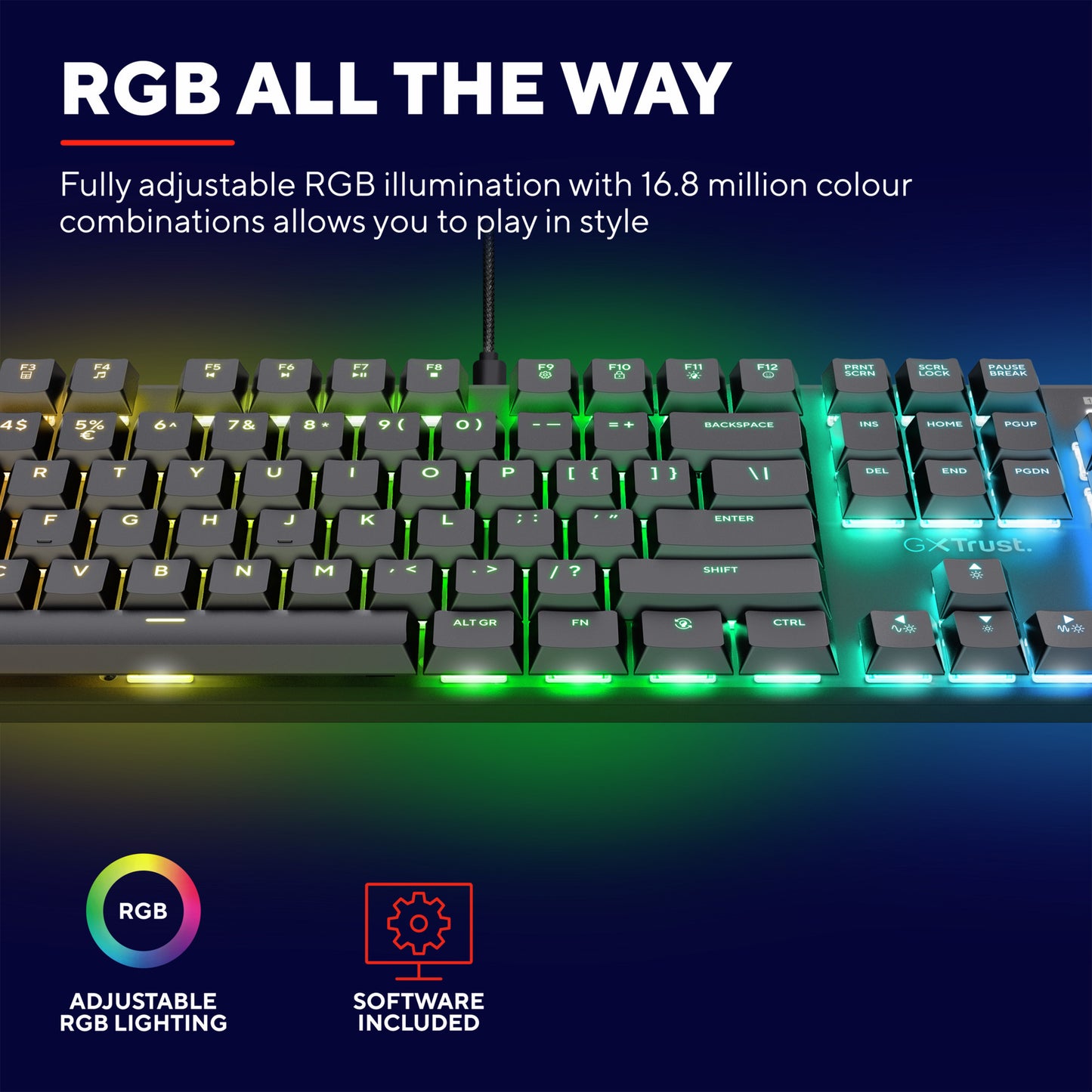 Trust gxt 866 torix mechanisch gaming toetsenbord (zwart, us lay-out (qwerty), huano red, 100%, rgb)