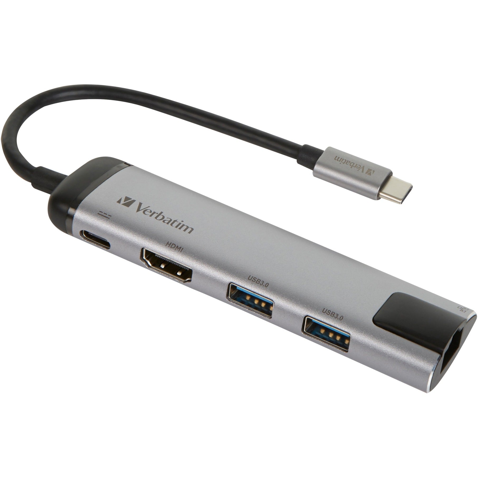 Verbatim usb 3.2 gen 1 multiport hub, usb-c > 2x usb-a + usb-c + hdmi + rj-45 usb-hub (zilver zwart, pd, opladen tot 100 watt)