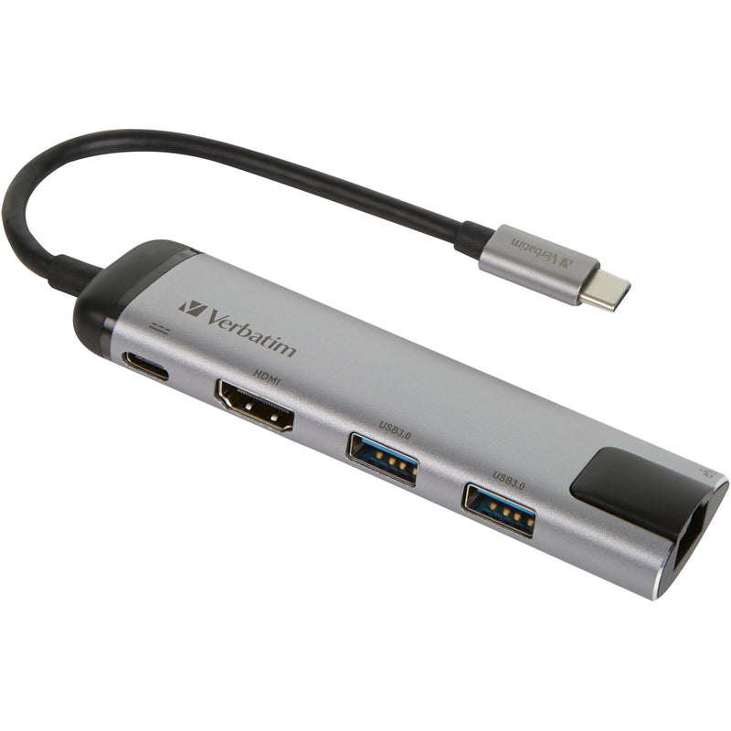 Verbatim usb 3.2 gen 1 multiport hub, usb-c > 2x usb-a + usb-c + hdmi + rj-45 usb-hub (zilver zwart, pd, opladen tot 100 watt)