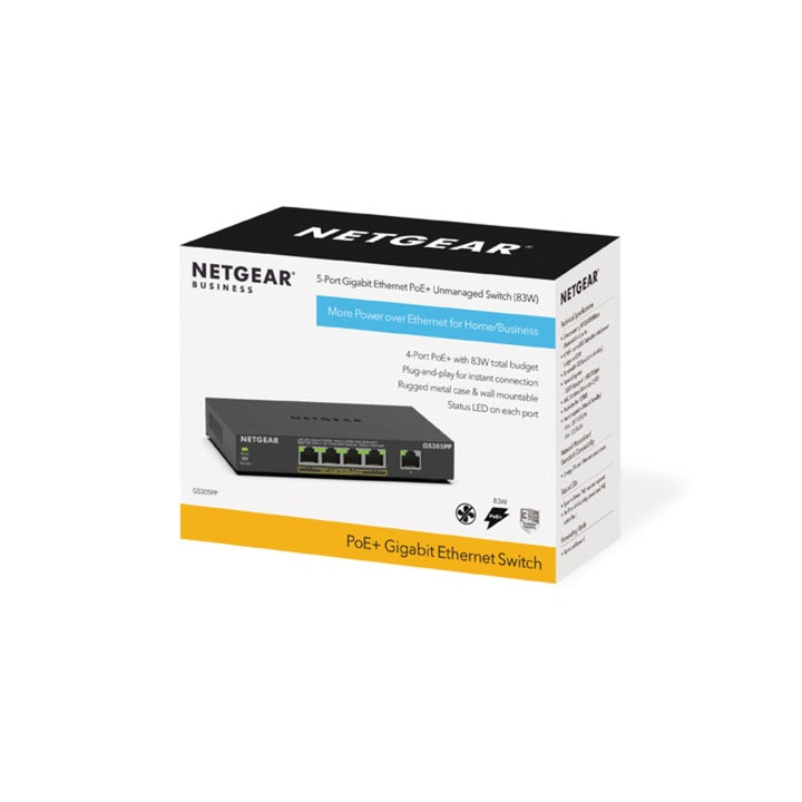 Netgear 5-port gigabit ethernet poe+ unmanaged switch (gs305pp) (zwart)