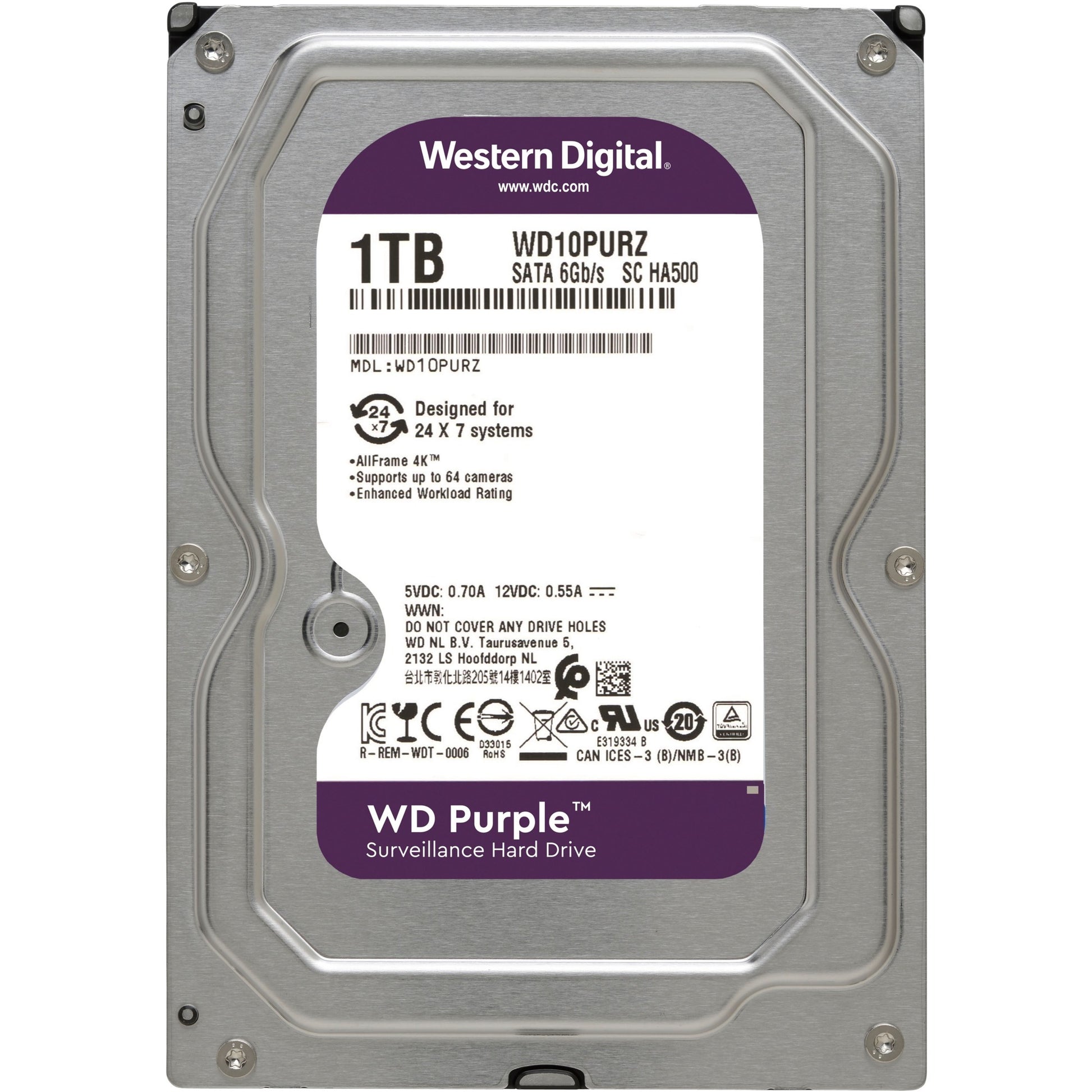 Wd purple, 1 tb harde schijf (sata 600, 10purz, bulk)