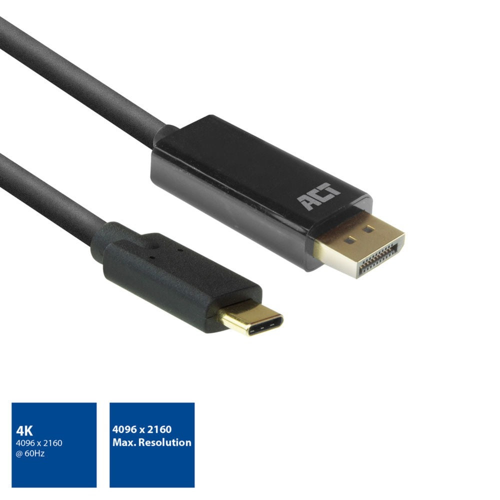 Act connectivity usb-c naar displayport kabel (zwart, 2 meter, ac7325, 60hz 4k (2160p))
