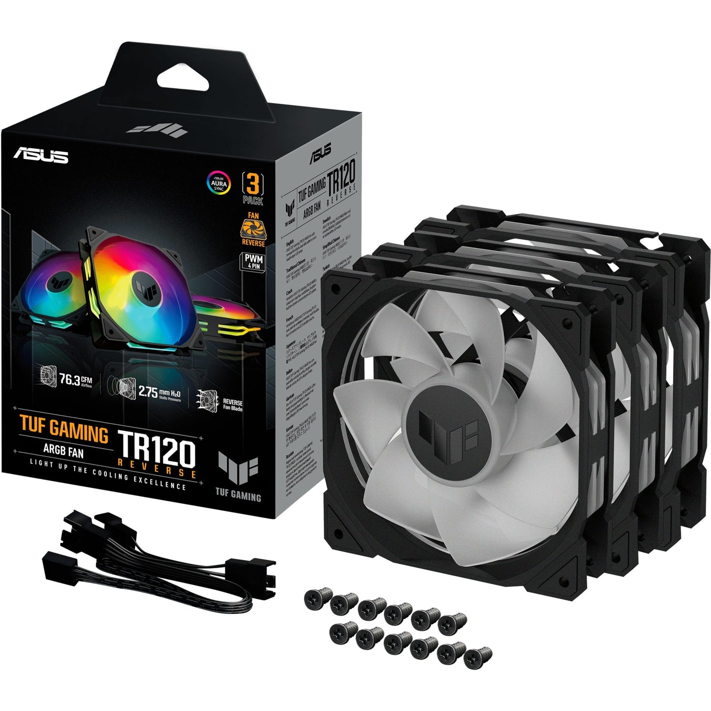 Asus tuf gaming tr120 argb reverse case fans (zwart, 3 stuks, 120 x 120 x 28 mm)