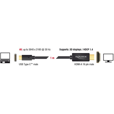 Delock usb-c (male) > hdmi (male) (dp alt mode) kabel (zwart, 1 meter, 4k 30 hz)