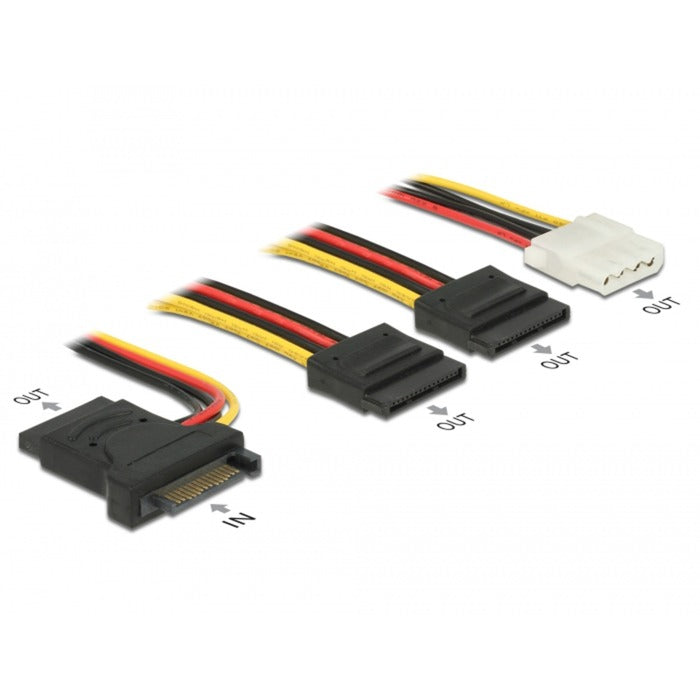 Delock sata 15 pin plug > 3 x sata receptacle + 1 x molex 4 pin female (pcb) kabel (20 cm)