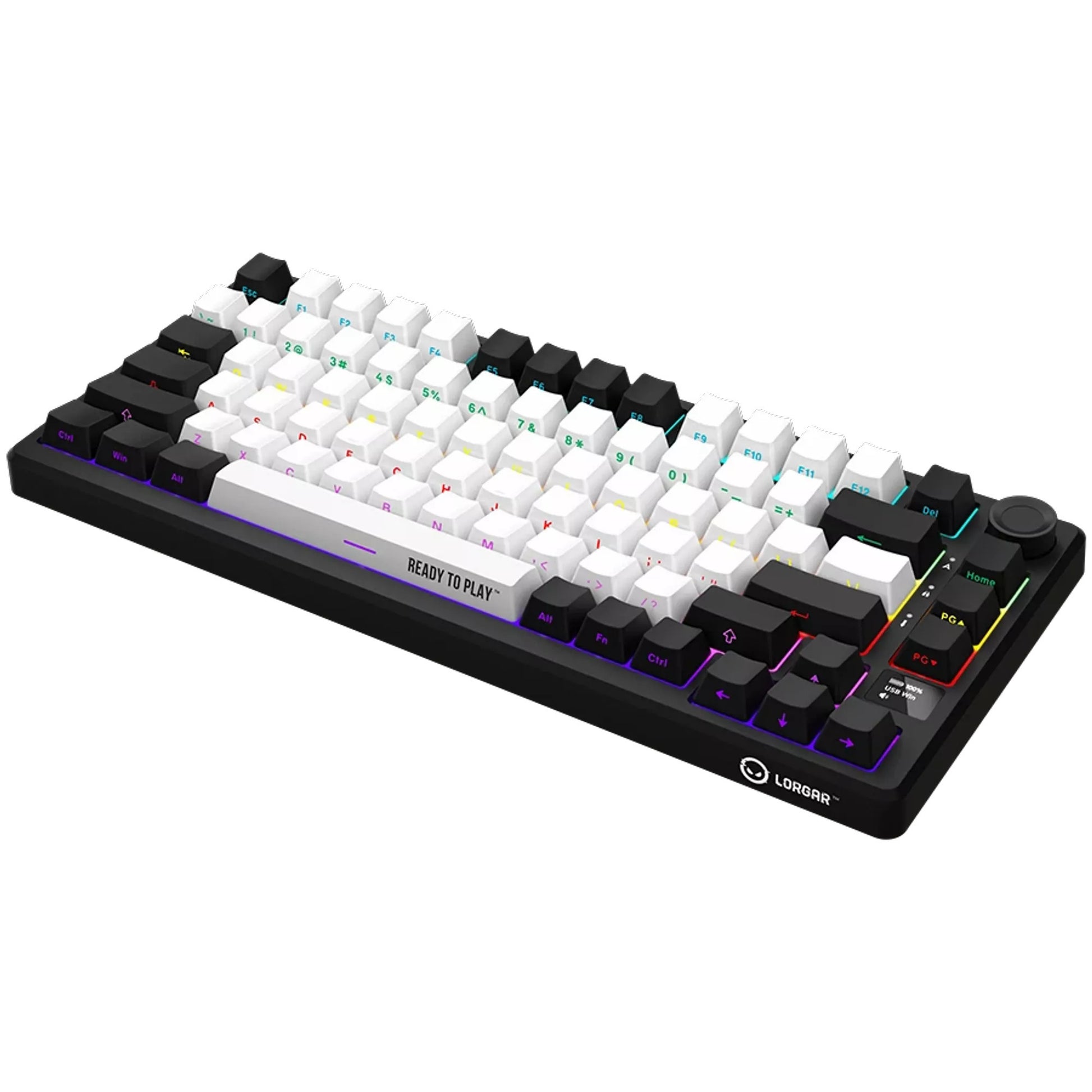 Lorgar kbp7075w rgb mechanisch gaming toetsenbord (zwart, us lay-out (qwerty), logar toxic purple, 75%, rgb, hot-swappable, pbt double-shot, bluetooth | 2.4ghz | usb)