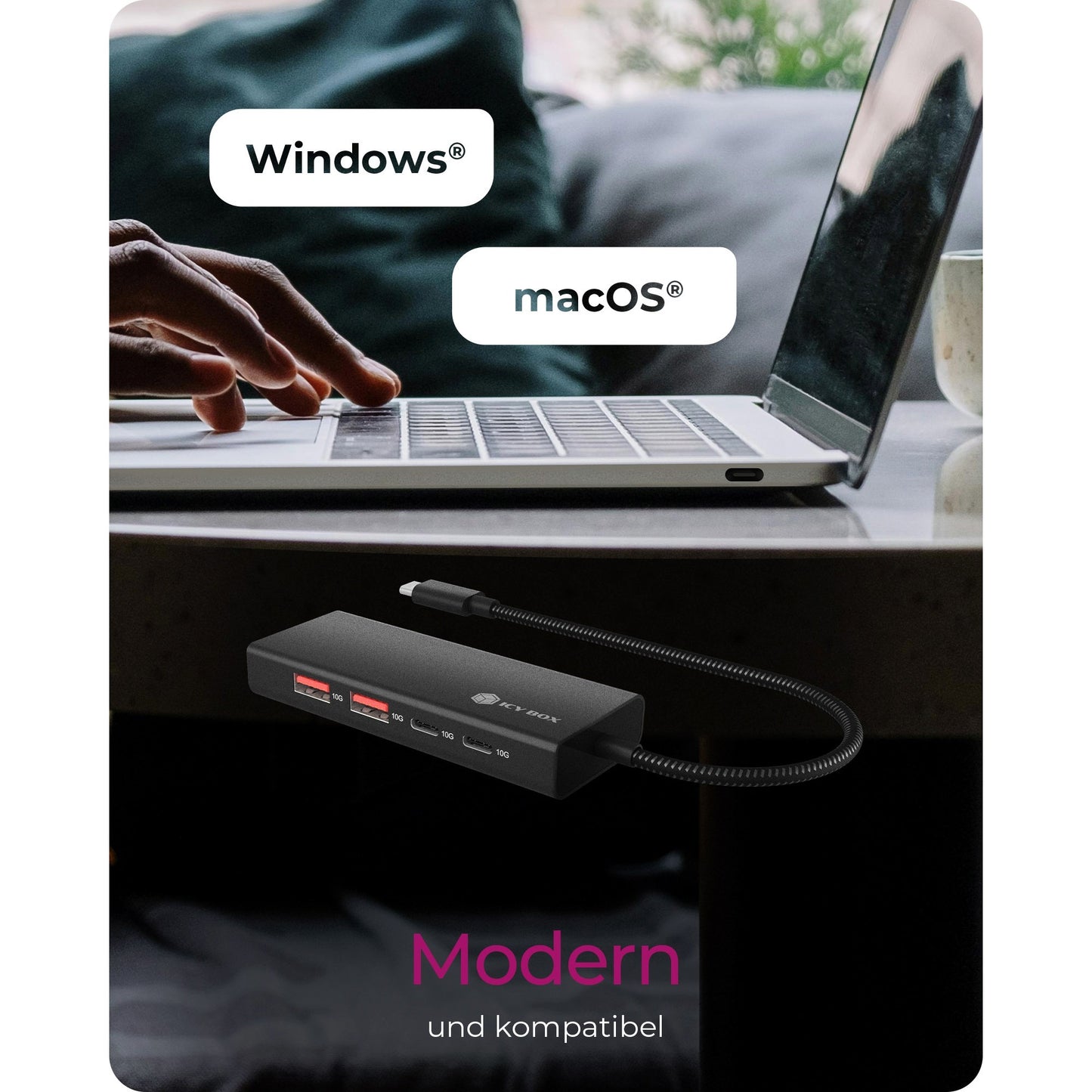 Icy box ib-hub1436-cpd usb-hub (zwart, 2x usb-a, 2x usb-c)