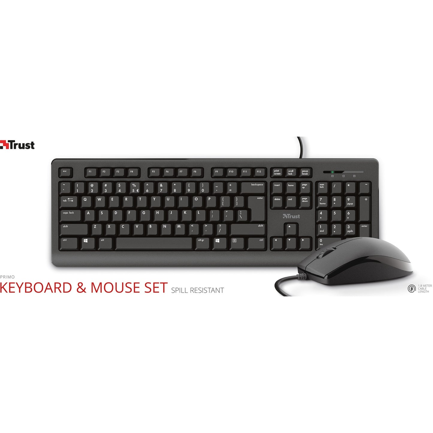 Trust primo keyboard mouse set desktopset (zwart, us lay-out (qwerty), membraan, 100%)