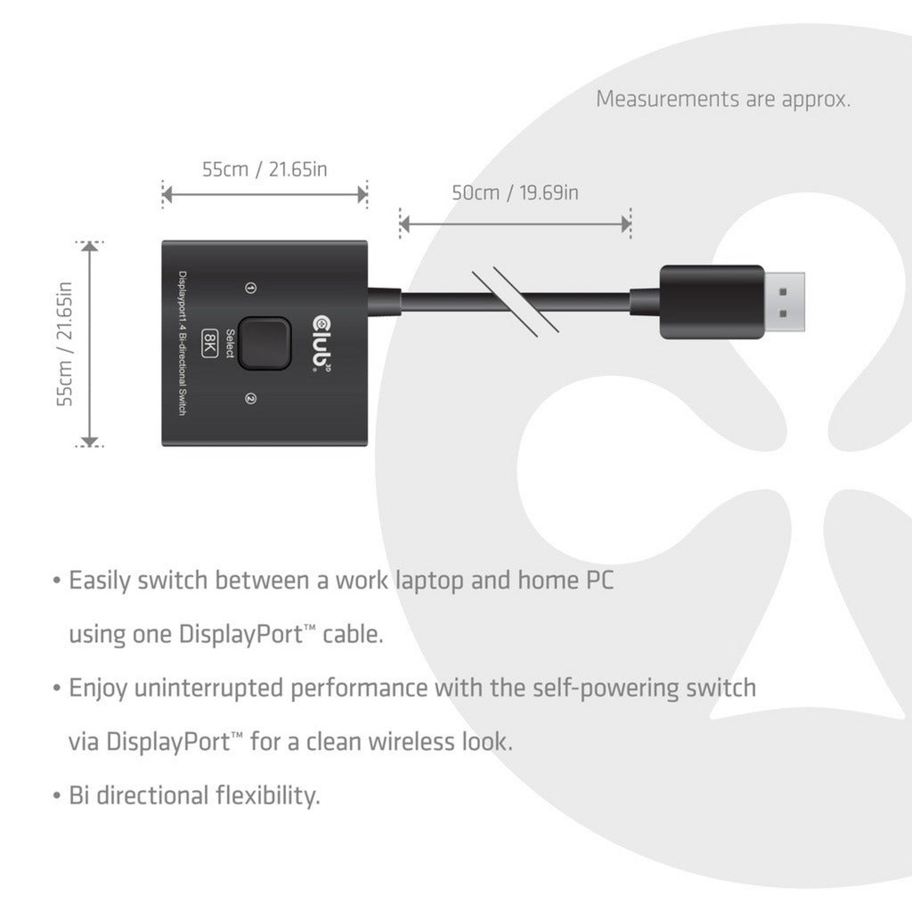 Club 3d 2-in-1 bidirectionele displayport switch (zwart, 8k)