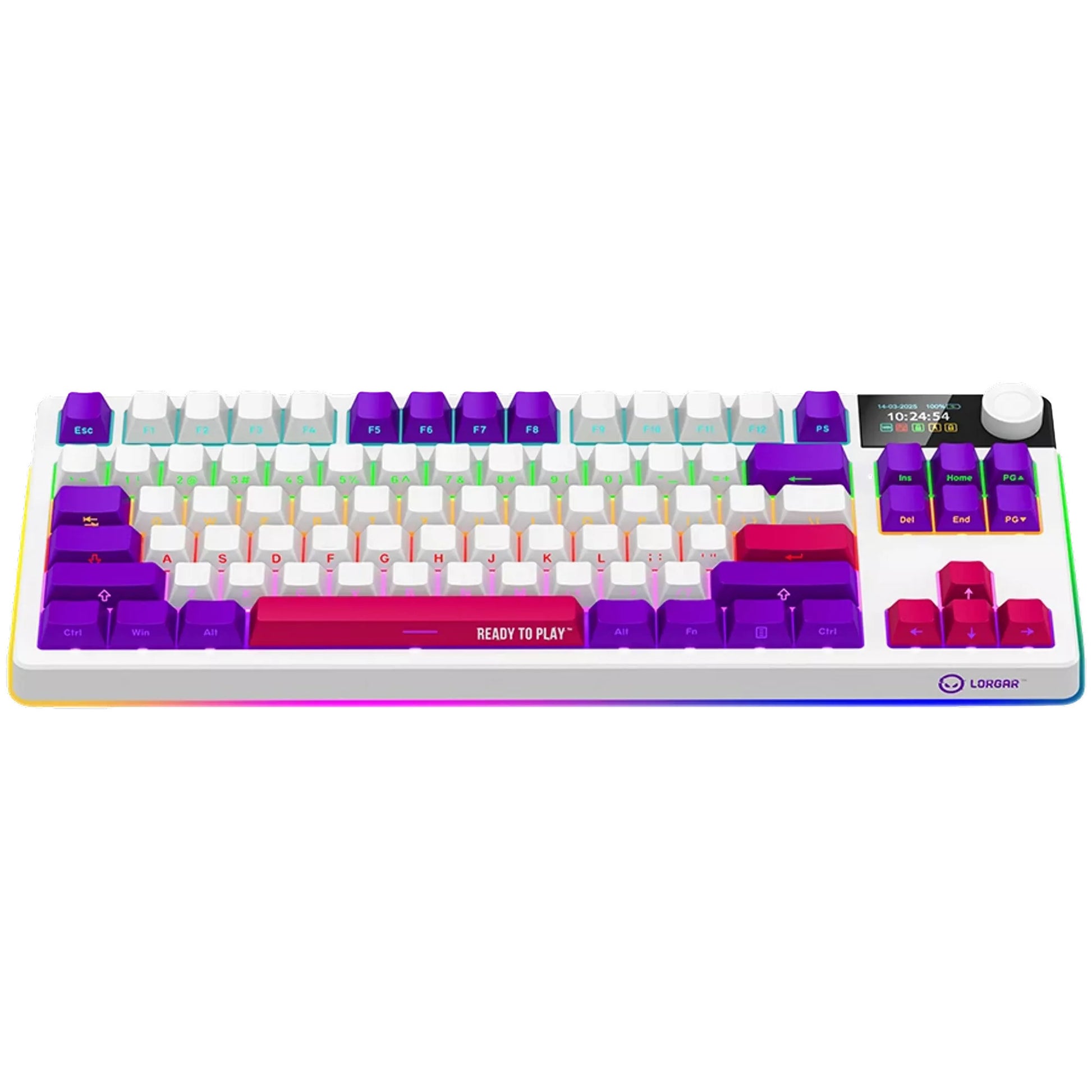 Lorgar kbp70tklw rgb mechanisch gaming toetsenbord (wit, us lay-out (qwerty), logar toxic purple, 80% (tkl), rgb, hot-swappable, pbt double-shot, bluetooth | 2.4ghz | usb)