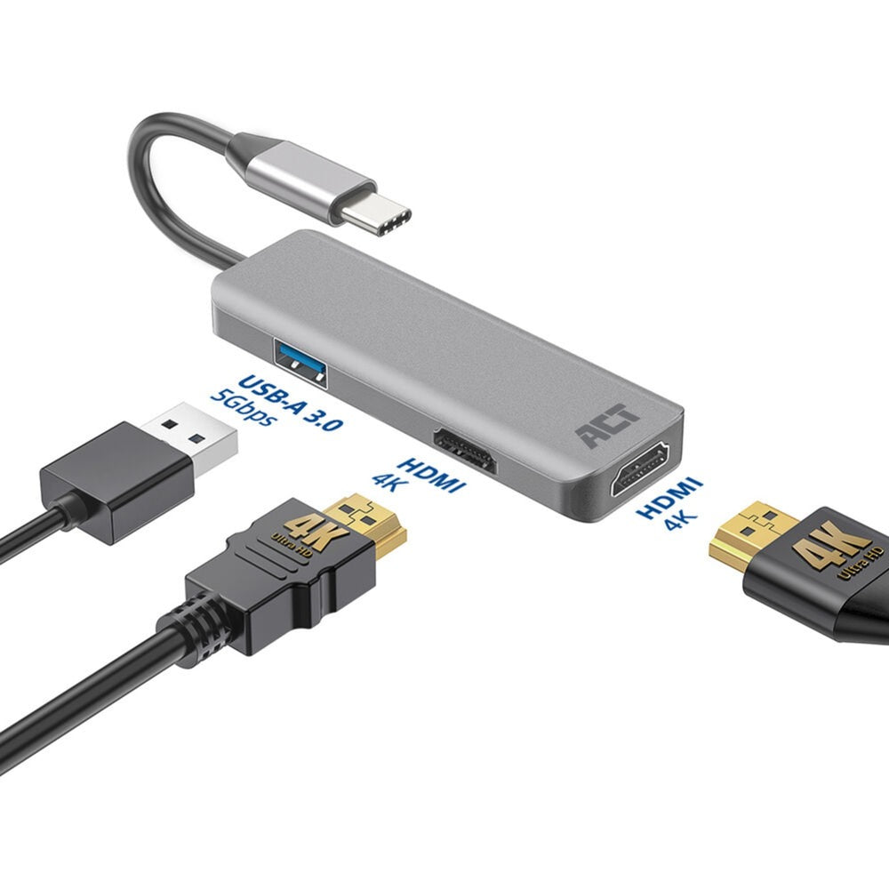Act connectivity usb-c 4k multiport adapter voor 2 hdmi schermen, usb-a datapoort (aluminium)