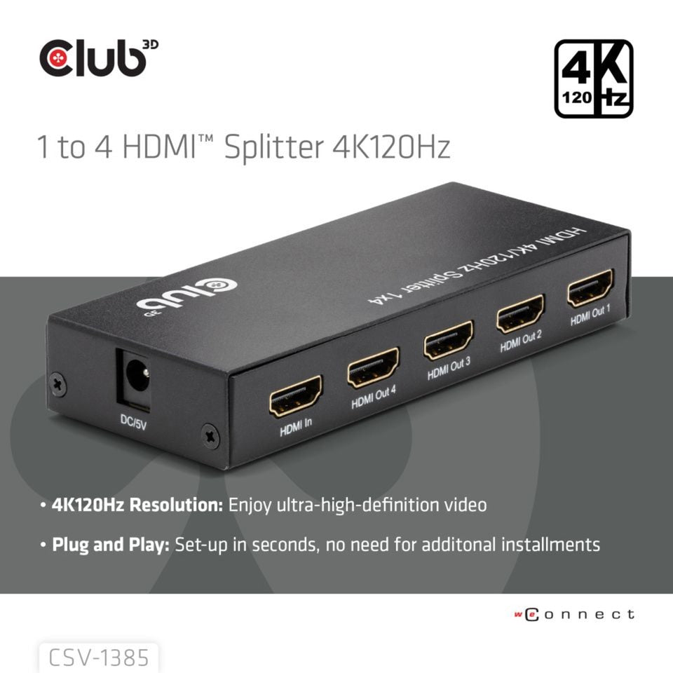Club 3d hdmi splitter 1x > 4x hdmi 4k 120hz (zwart)