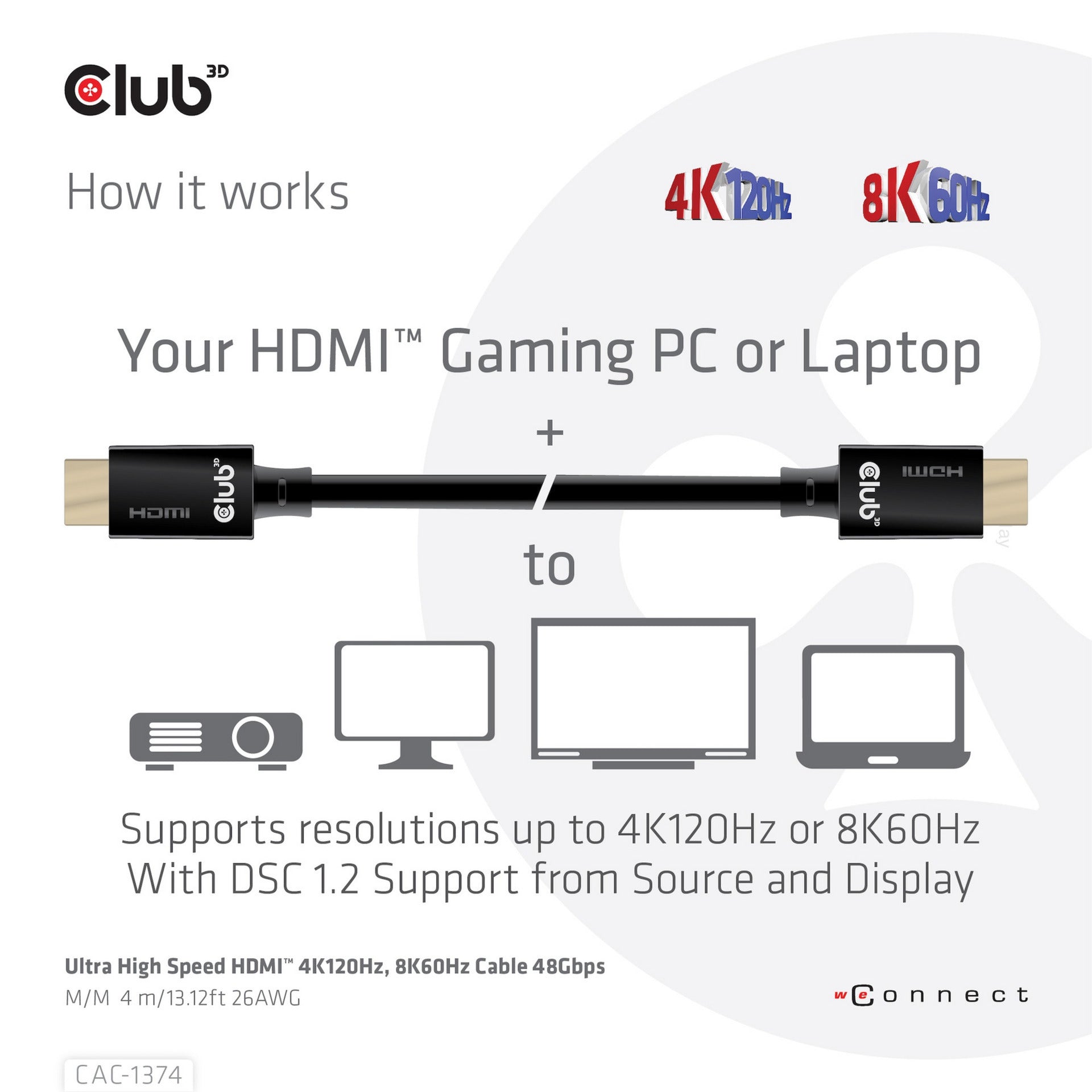 Club 3d gecertificeerde ultra high speed hdmi 2.1 kabel (zwart, 4 meter, 8k)
