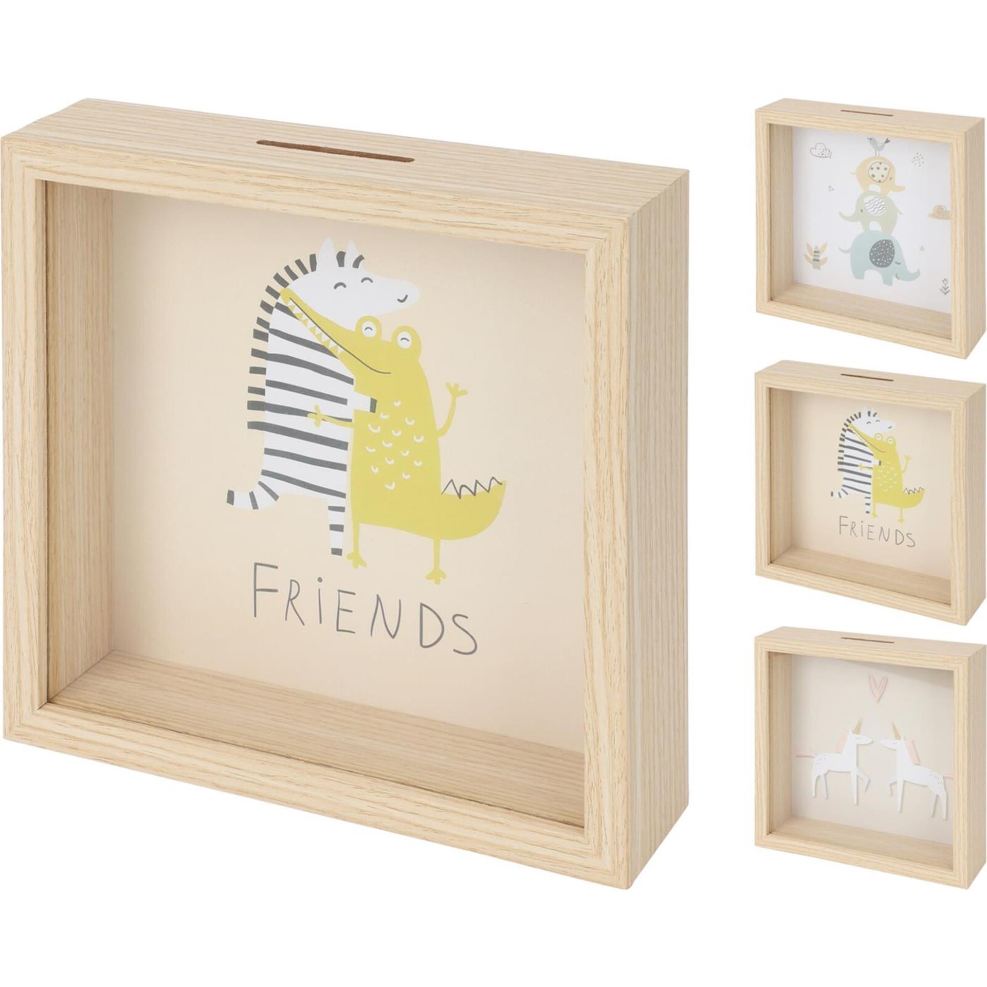 Home styling spaarpot hout met kinderafbeelding