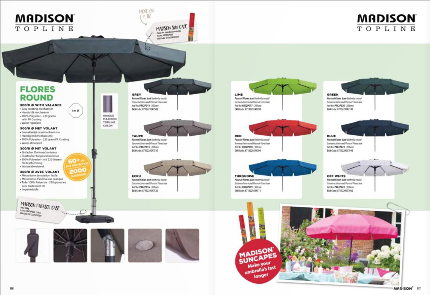 Madison parasol flores 300 8,draaisysteem+volant grijs