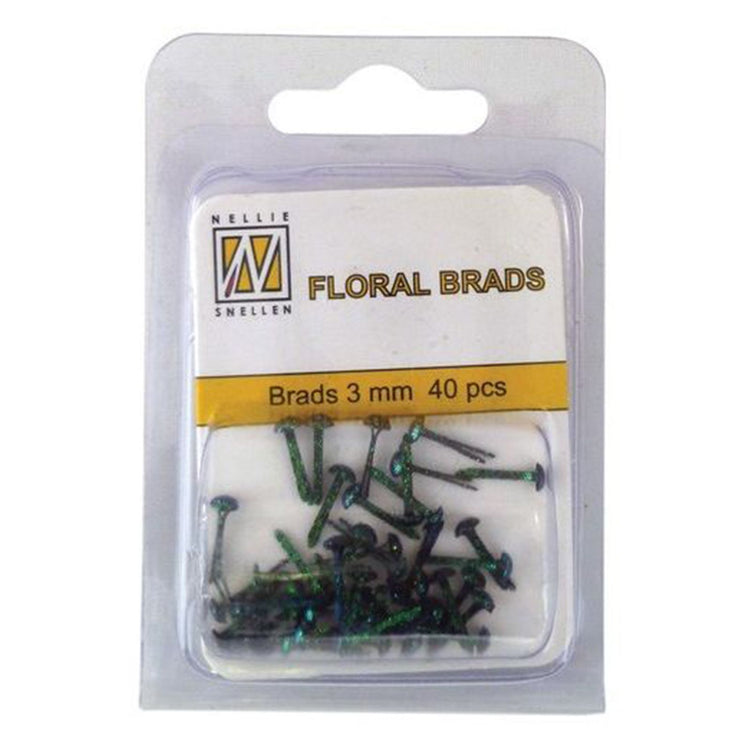 Nellie's choice • floral glitter brads 3mm. 40stuks pkg black green glitter