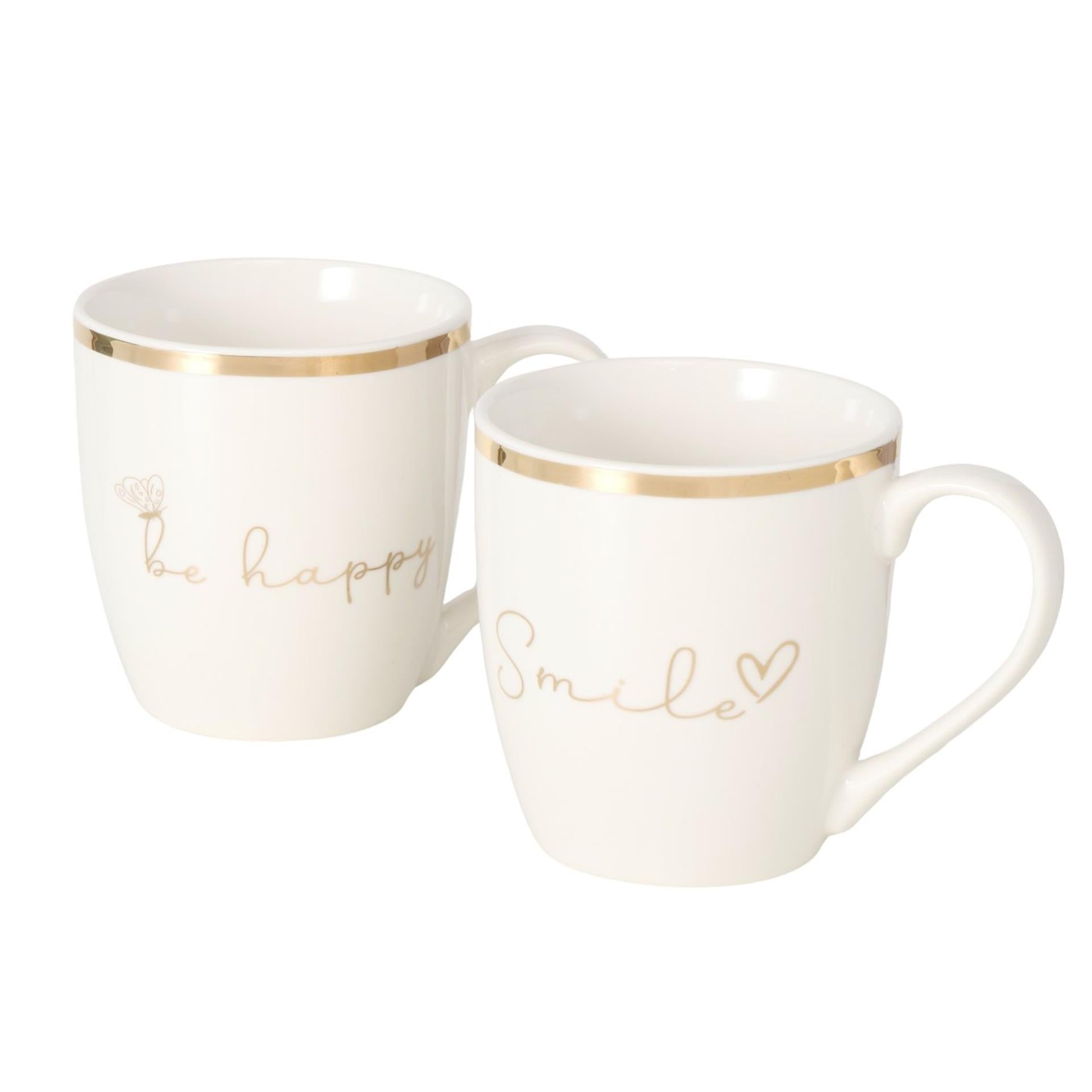 Boltze home mok davina be happy smile 400ml ø9,5xh10cm beige goud