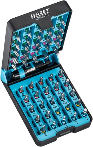Hazet bitset | 2-6 | ph1-ph3 | pz1-pz3 | t6-t40 | 1 4 inch (6,3 mm) zeskant massief | pozidriv-profiel pz, kruiskop profiel ph, tamper resistant torx®-profiel | 51-delig - 2240n 51