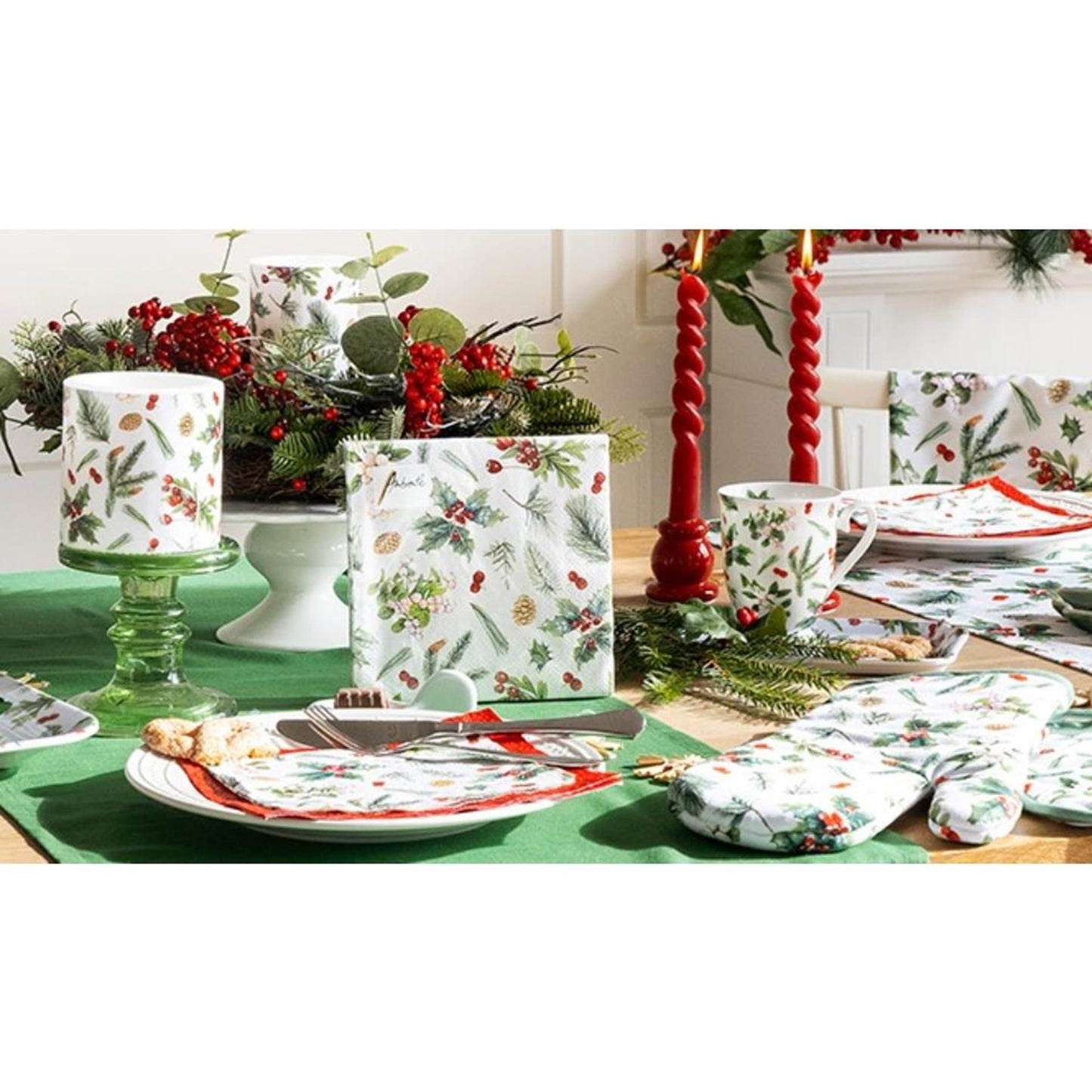 Ambiente pannenlap winter greenery 20x20cm katoen wit