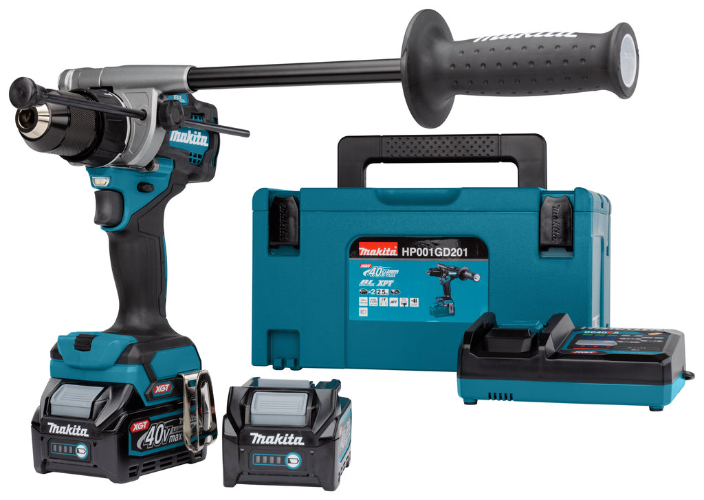 Makita hp001gd201 40v max klopboor- schroefmachine 2,5 ah accu (2 st), lader, mbox - hp001gd201