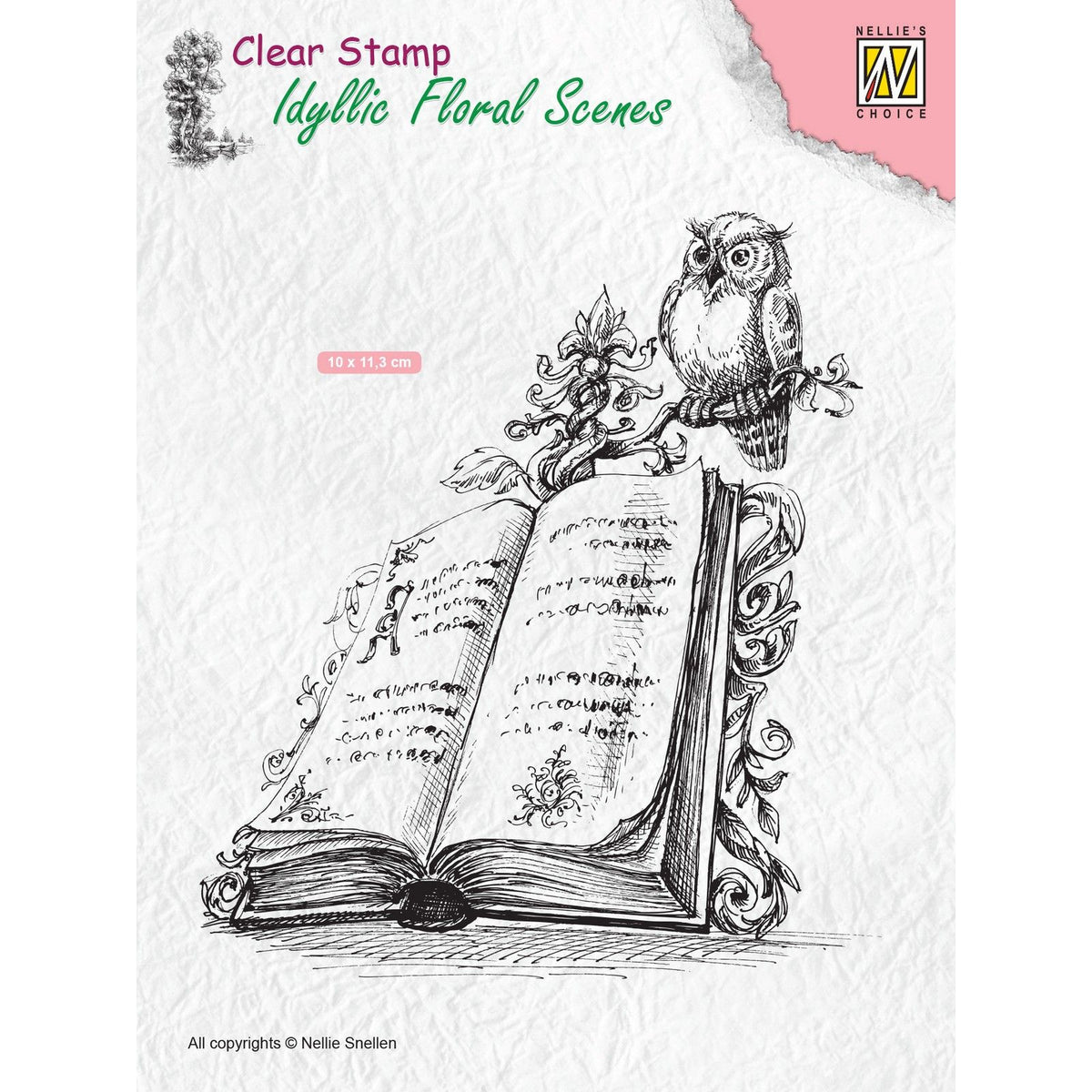 Nellie's choice • idyllic floral scenes clear stempel scene with book and owl 100x112,5mm