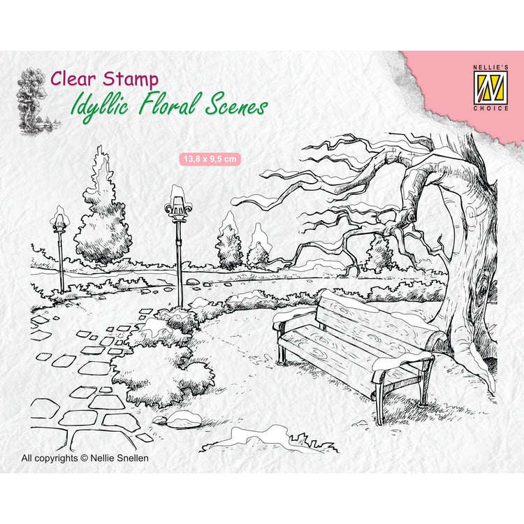 Nellie's choice • idyllic floral scenes clear stempel wintery park with bench 135x90mm