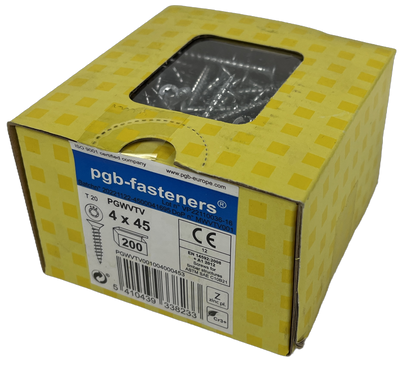 Pgb-europe pgb-fasteners universele spaanplaatschroef vk-t voldraad verzonken kop ø4,0x45 zn tx20 | 200 st | pgwvtv001004000453
