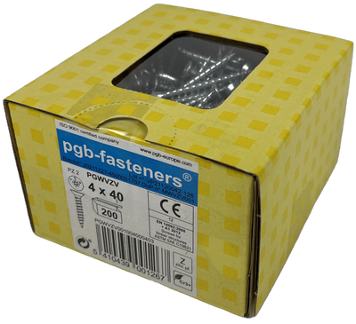Pgb-europe pgb-fasteners | spaanplaatschroef ø 4,0x40 mm pozidrive pz2 - voldraad verzinkt | 200 st - pgwvzv001004000403