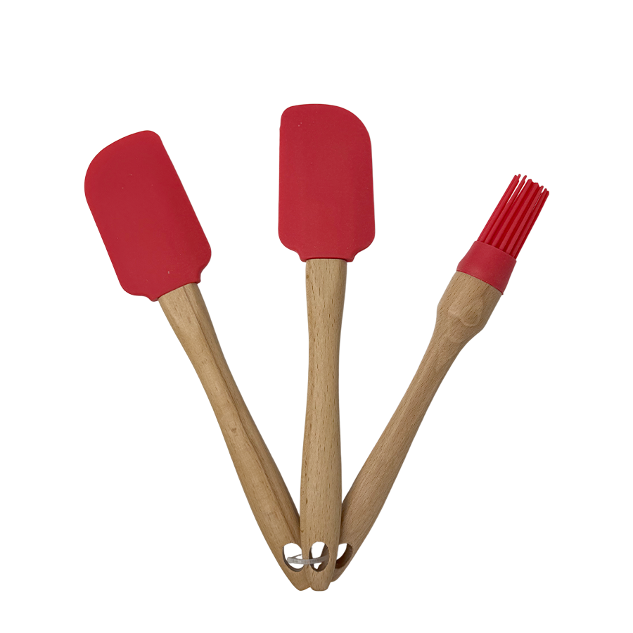 Kookgerei hout siliconen rood 3-delig