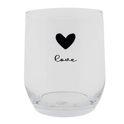 Clayre eef transparant drinkglas met zwart hartje en het woord love . ø8x9cm 300ml