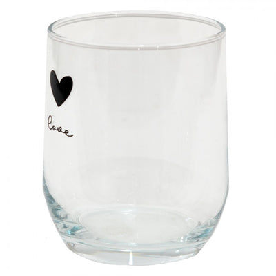 Clayre eef transparant drinkglas met zwart hartje en het woord love . ø8x9cm 300ml