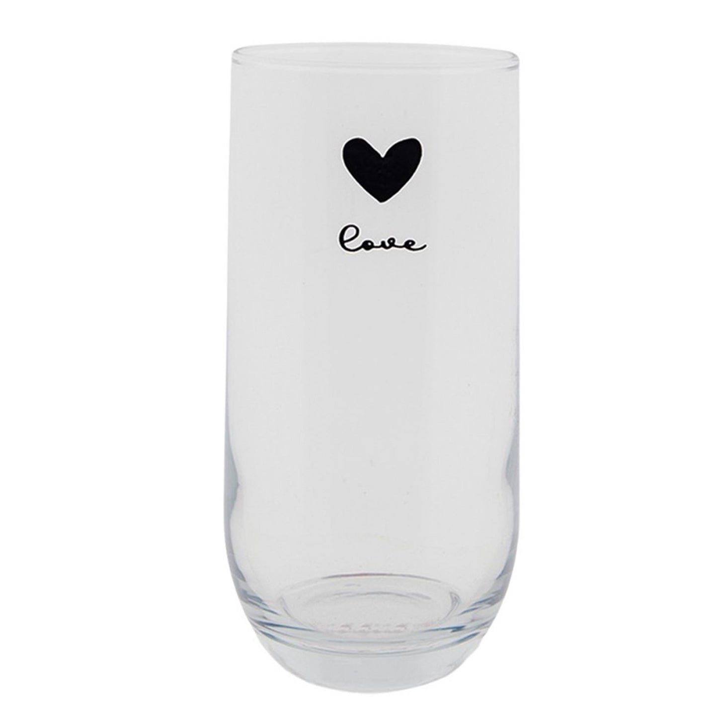 Clayre eef transparant longdrinkglas met zwart hartje en het woord love ø6x14cm 280ml