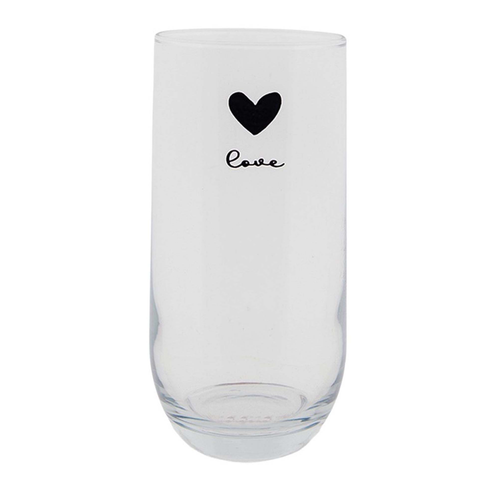 Clayre eef transparant longdrinkglas met zwart hartje en het woord love ø6x14cm 280ml
