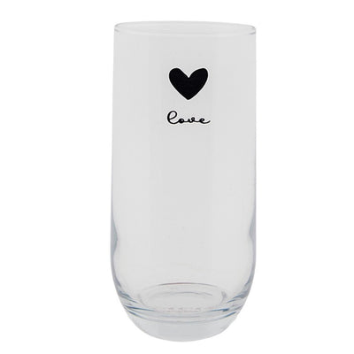 Clayre eef transparant longdrinkglas met zwart hartje en het woord love ø6x14cm 280ml