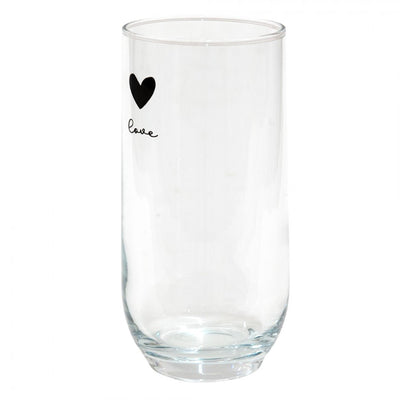 Clayre eef transparant longdrinkglas met zwart hartje en het woord love ø6x14cm 280ml