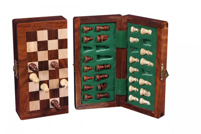 Longfield games Schaakset opvouwbaar hout 12,5 cm bruin naturel