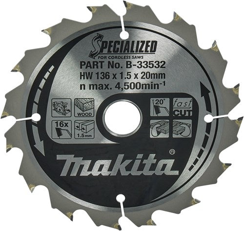Makita accessoires makita cirkelzaagblad voor hout | specialized | ø 136mm asgat 20mm 16t - b-33532