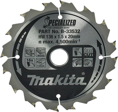 Makita accessoires makita cirkelzaagblad voor hout | specialized | ø 136mm asgat 20mm 16t - b-33532
